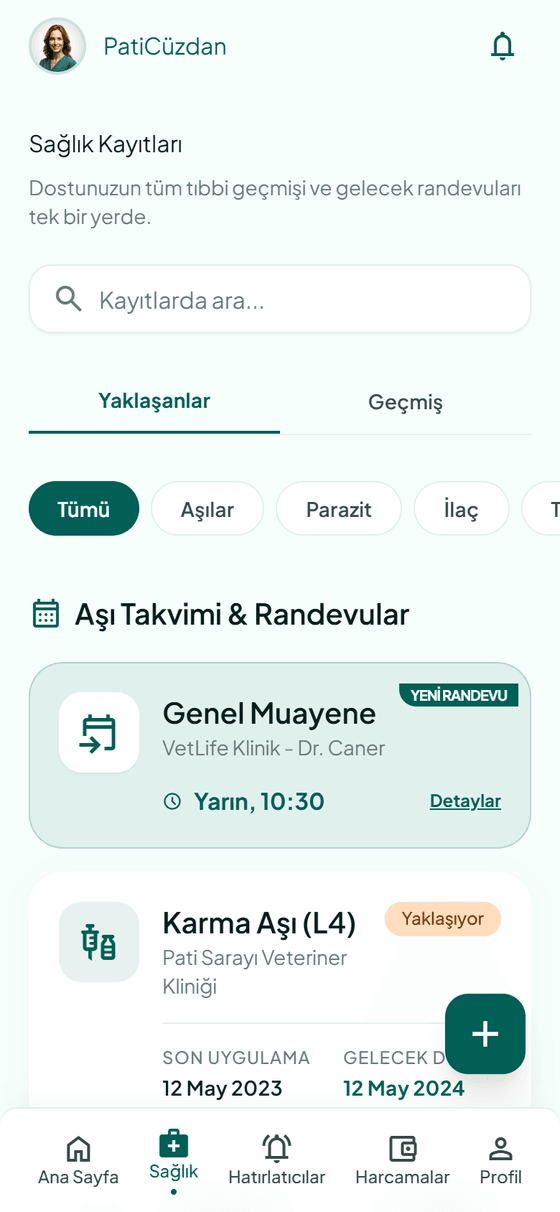 PatiCüzdan sağlık karnesi ekranı